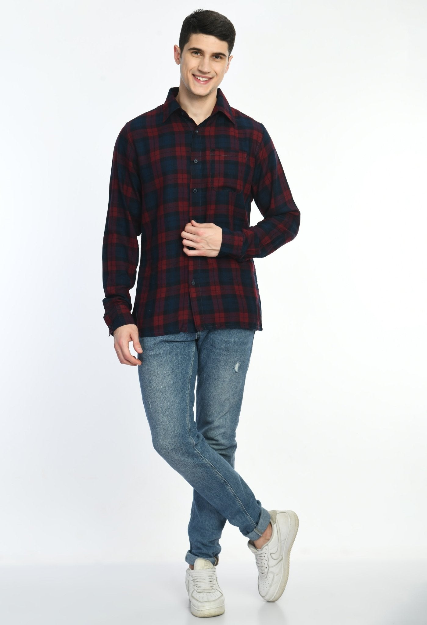 Red & Navy Checks Full Sleeves Shirt - RueCollections