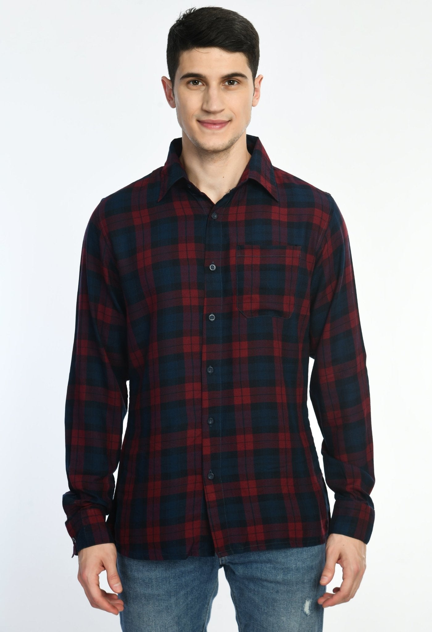 Red & Navy Checks Full Sleeves Shirt - RueCollections