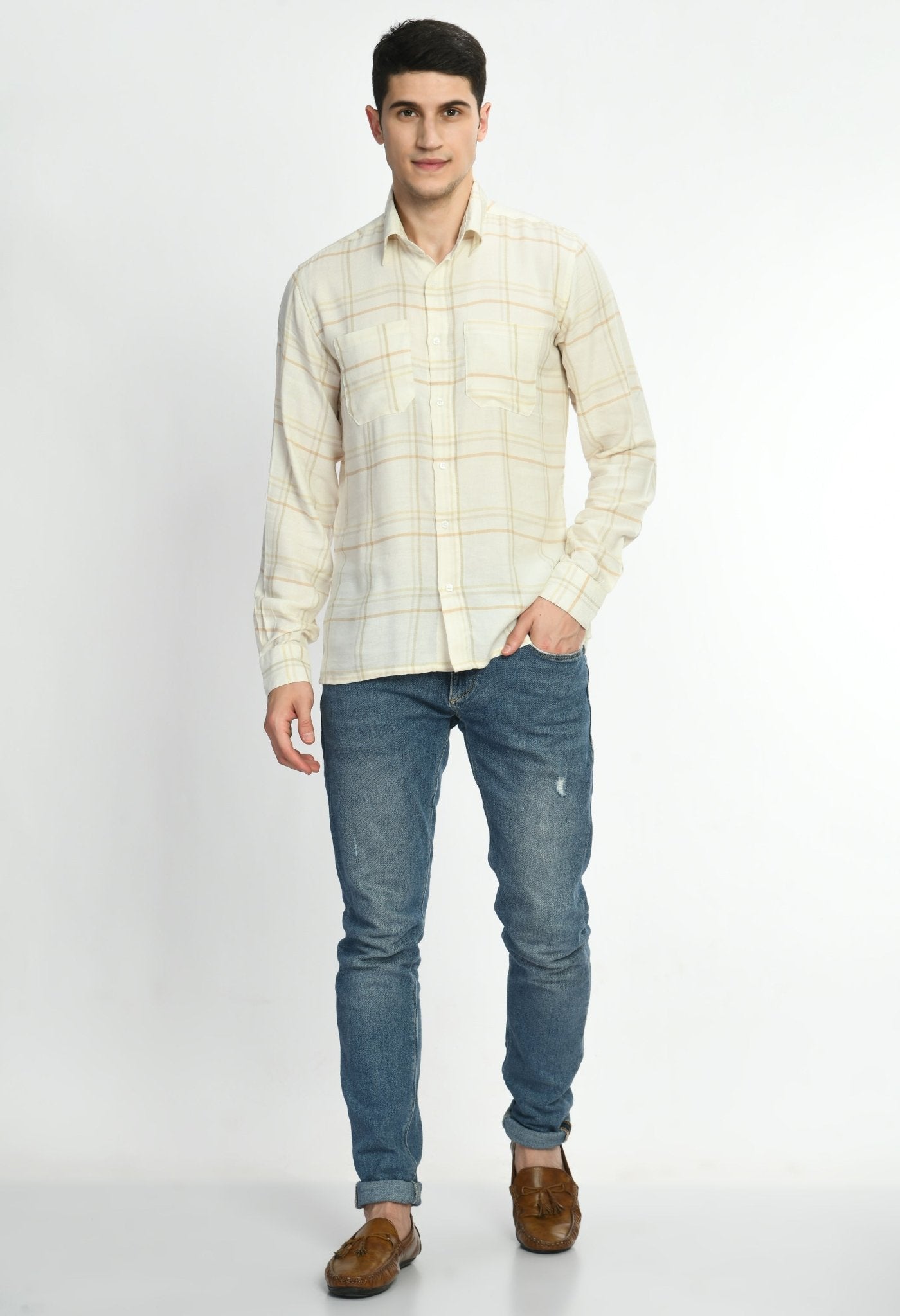 White & Yellow Checks Full Sleeves Shirt - RueCollections