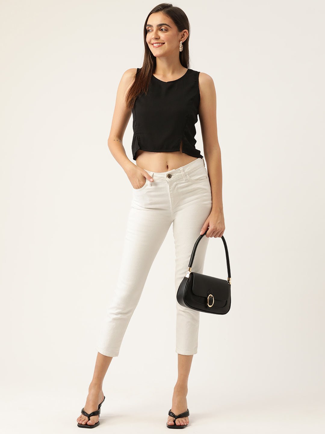 Women Black Solid Crop Top - RueCollections