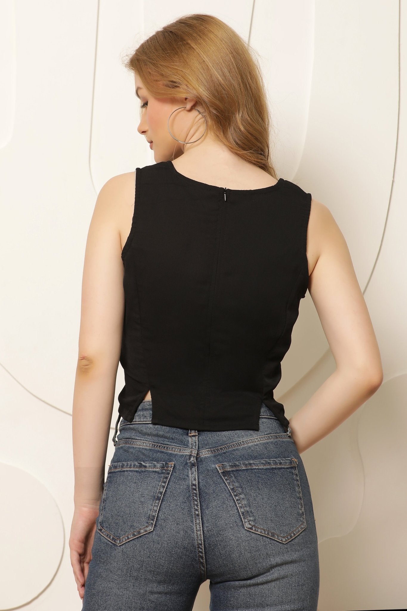 Women Black Solid Satin Finish Crop Top - RueCollections