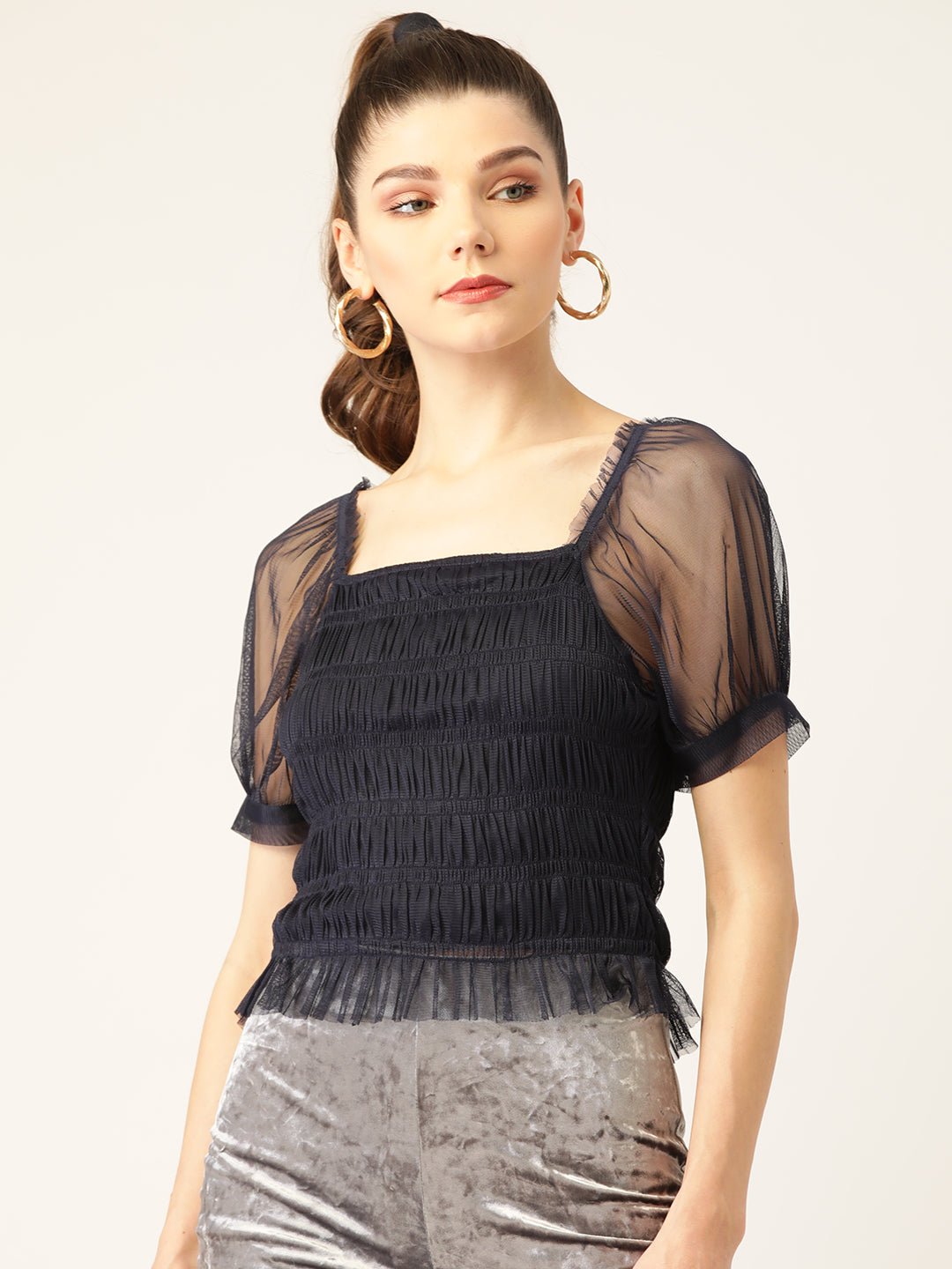 Women Navy Blue Square Neck Puff Sleeves Net Fitted Crop Top - RueCollections